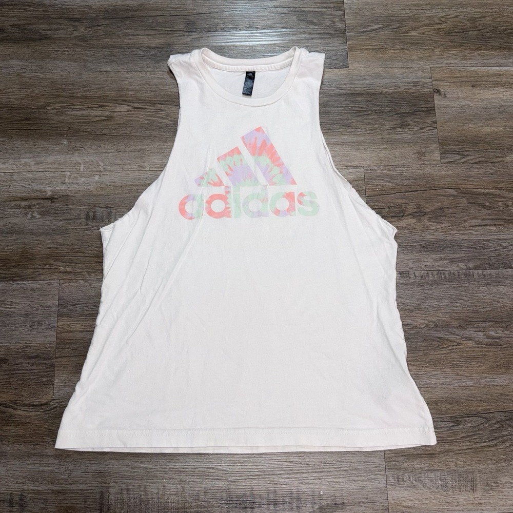 Adidas White Colorful Pastel Tie-Dye Logo Graphic Tank Top Womens Large Gym Yoga